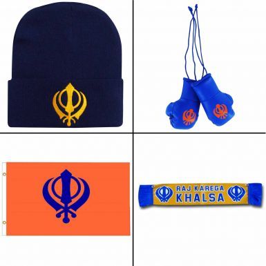 Sikh Khanda Hat, Mini Gloves, Giant Flag & Mini Scarf Gift Set
