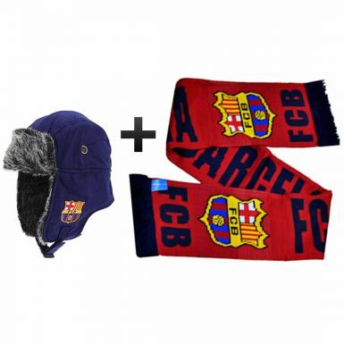 FC Barcelona Trapper Style Hat & Scarf Gift Set