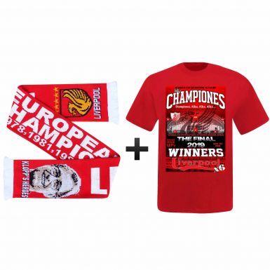 Liverpool Ultimate Fan 2019 (Madrid) Champions League Winners T-Shirt & Scarf Gift Set