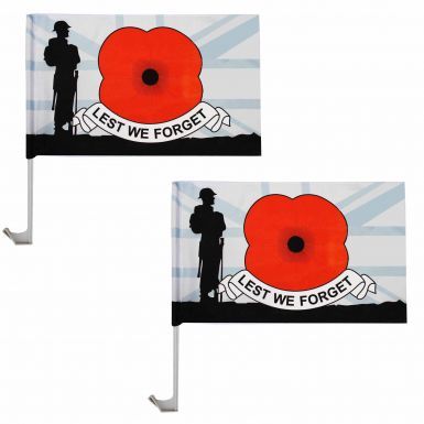 Pair of Lest We Forget Poppy Remembrance Car Flags